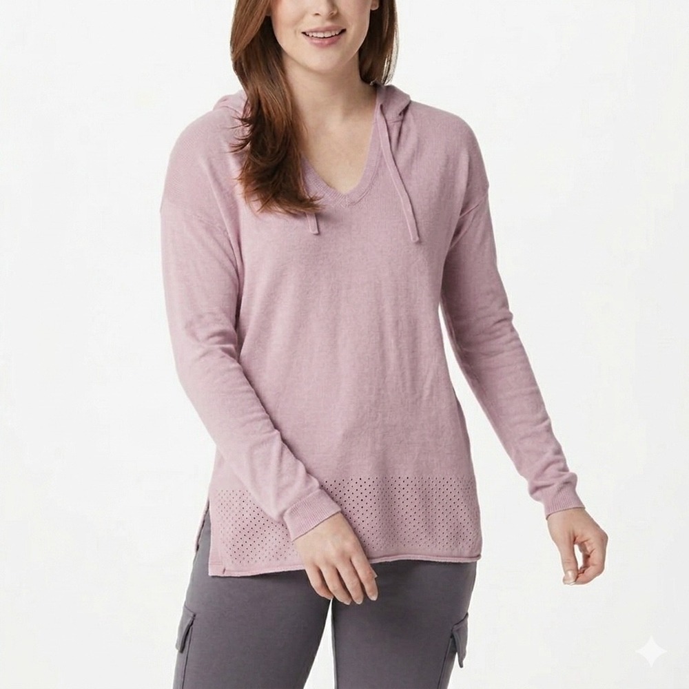 Barefoot Dreams CozyChic Ultra Lite Pointelle Hoodie Sweater Womens M Pink Cozy